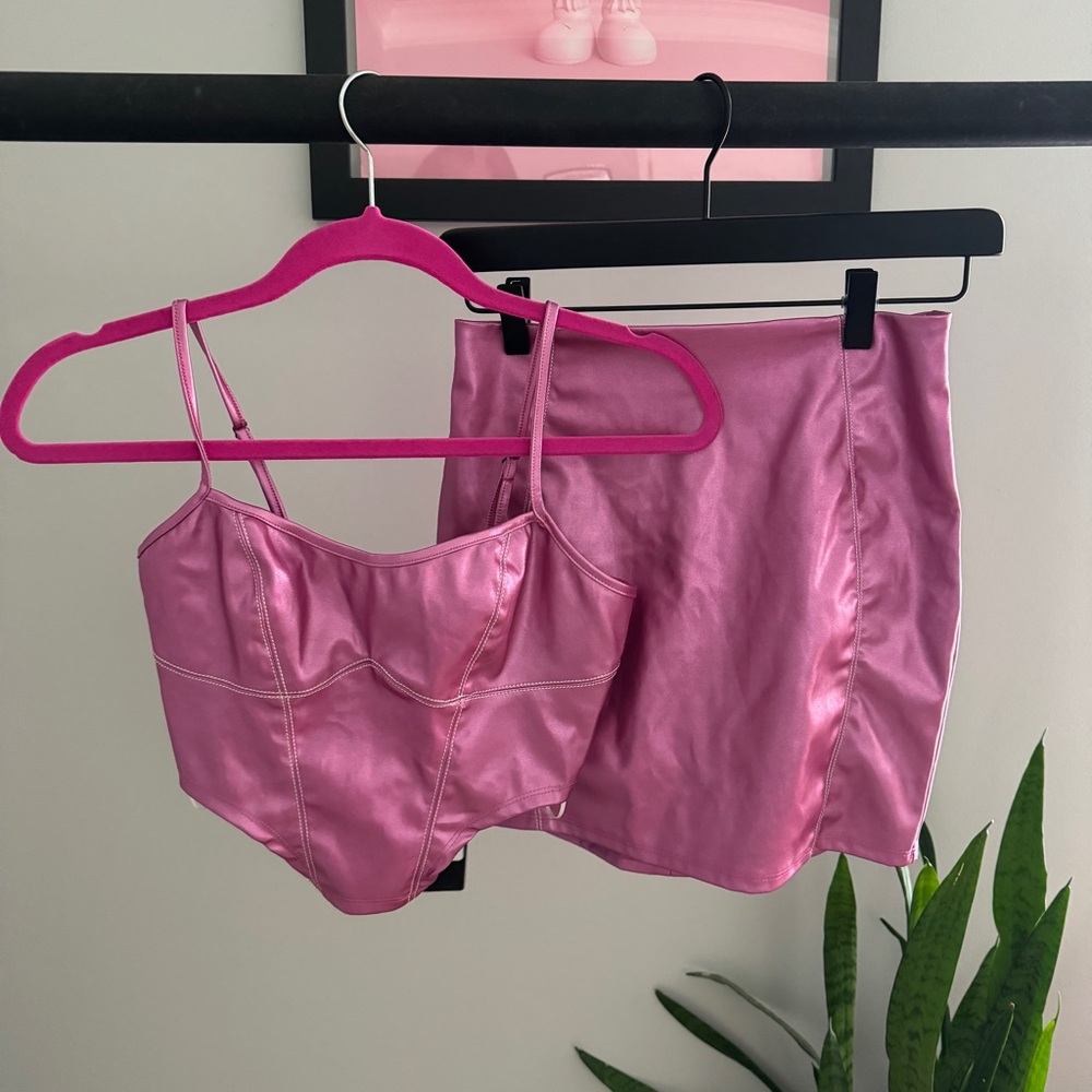 Fashion Nova Metallic Doll Faux Leather Skirt Set Pink Size Small SOLD OUT NWT
